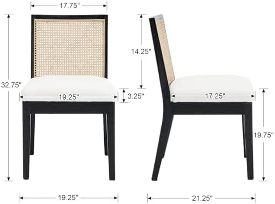 Rattan Dining Chairs Set of 4, Farmhouse Boucle Kitchen Chairs with Cane Back, Upholstered Sherpa Dining Room Chairs Comfy Side Wood Chair for Living Room/Restaurant, Black Sherpa