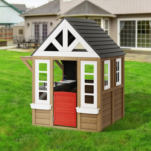 Outdoor Wooden Playhouse, Modern Cedar Playhouse for Age 2-10 Years Kids, Garden Games Cottage, Country Style Cedar Playhouse with Working Door, Window, Flower Pot Holder, Grill, Stove, and Sink