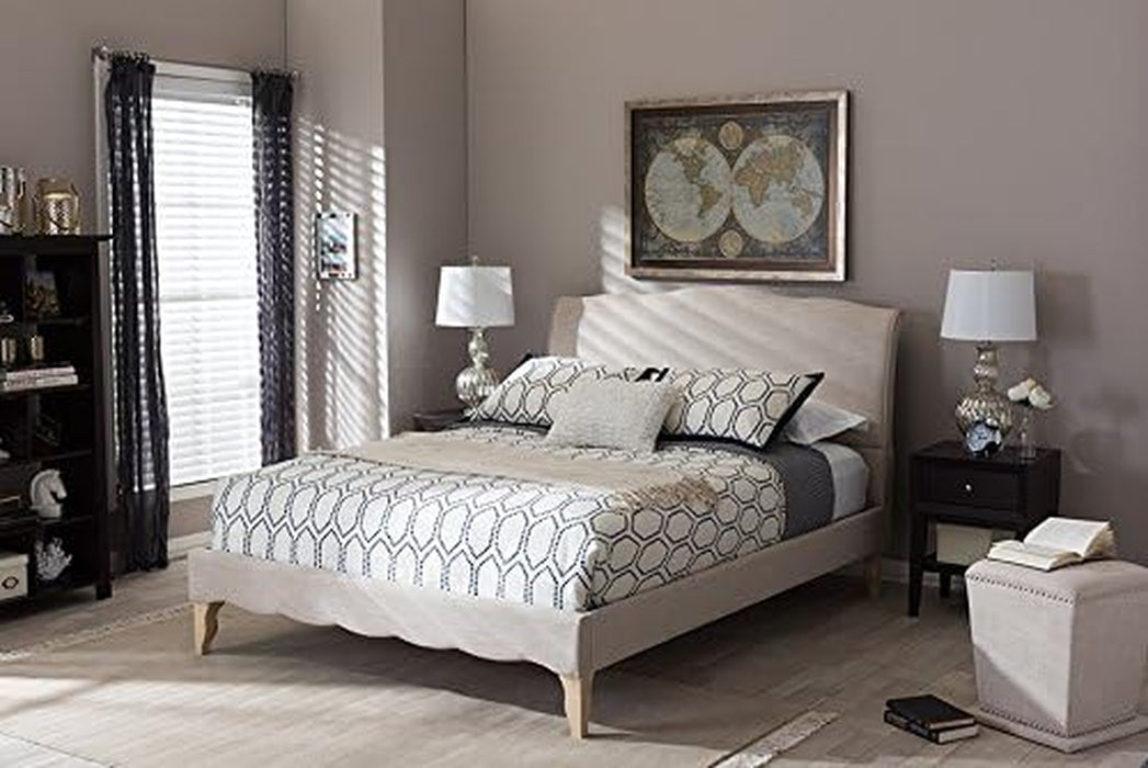 Fayana French Classic Modern Style Beige Linen Fabric Platform Bed, Queen, Off-White