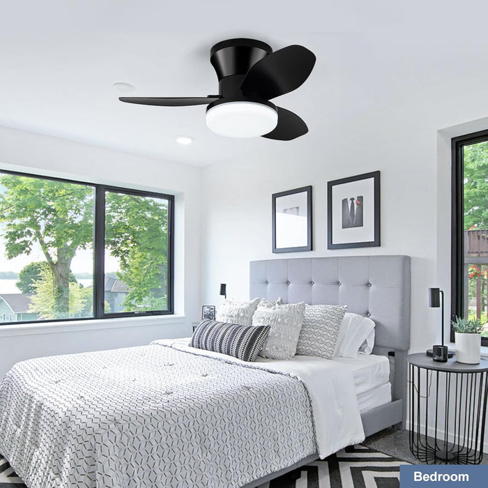 Small Ceiling Fan with Light - 26 Inch Flush Mount Ceiling Fan with Lights and Remote, Low Profile Ceiling Fans with 3 Reversible Blades, 6 Wind Speeds, Black Ceiling Fans for Bedroom