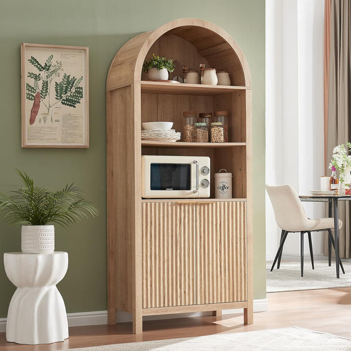 Arched Cabinet Bookshelf Bookcase - 71” Tall Mid Century Arched Display Cabinets, Rounded Bookshelf with Fluted Doors, Open Shelf Storage Cabinet for Dining Room (Natural)