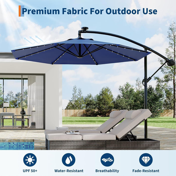 10FT Solar Lights Offset Patio Umbrella with Cross Base, Cantilever Umbrella with Easy Lift & Tilt Adjustment, 8 Ribs Sun Umbrella UV Protection for Backyard, Pool, Garden