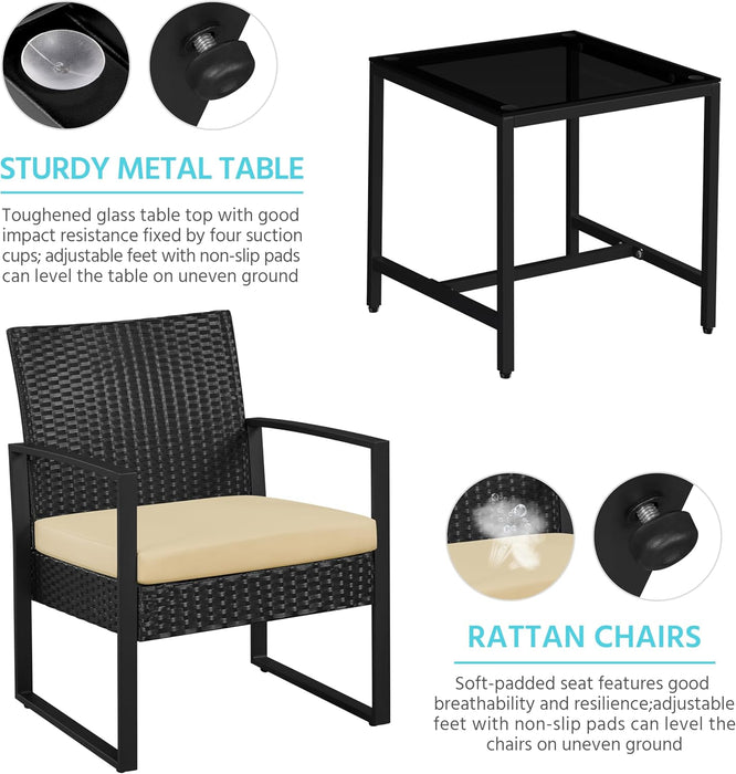 3 Pieces Rattan Bistro Set, Indoor/Outdoor Wicker Patio Modern Conversation Furniture, 2 Chairs & Tempered Glass Coffee Table for Garden, Balcony, Backyard, Poolside, Black/Khaki