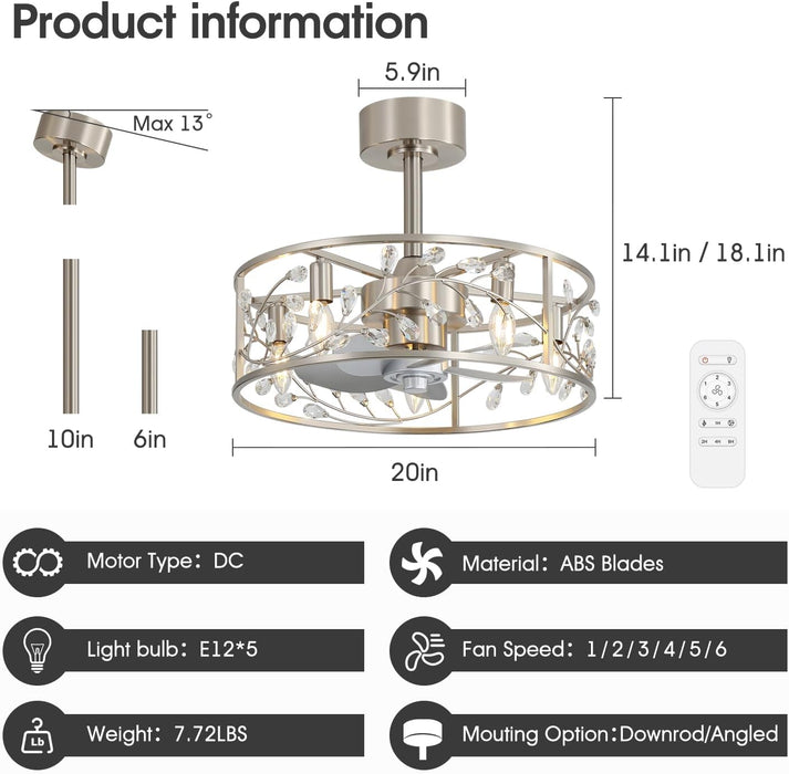 20 Inch Caged Ceiling Fan with Light and Remote, Quiet Reversible AC Motor, 5 ABS Blades, Modern Industrial Crystal Low Profile Small Ceiling Fan Light for Bedroom Home Indoor