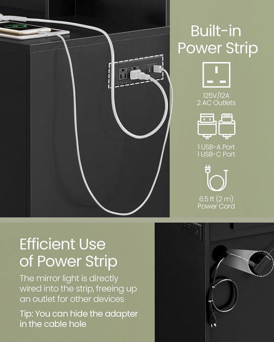 Vanity Desk with Mirror and Lights, 43.3-Inch Wide Makeup Vanity with Upholstered Vanity Stool, Power Outlets, Dimmable LED Lights, Storage Drawer, for Bedroom, Ink Black URDT628B01