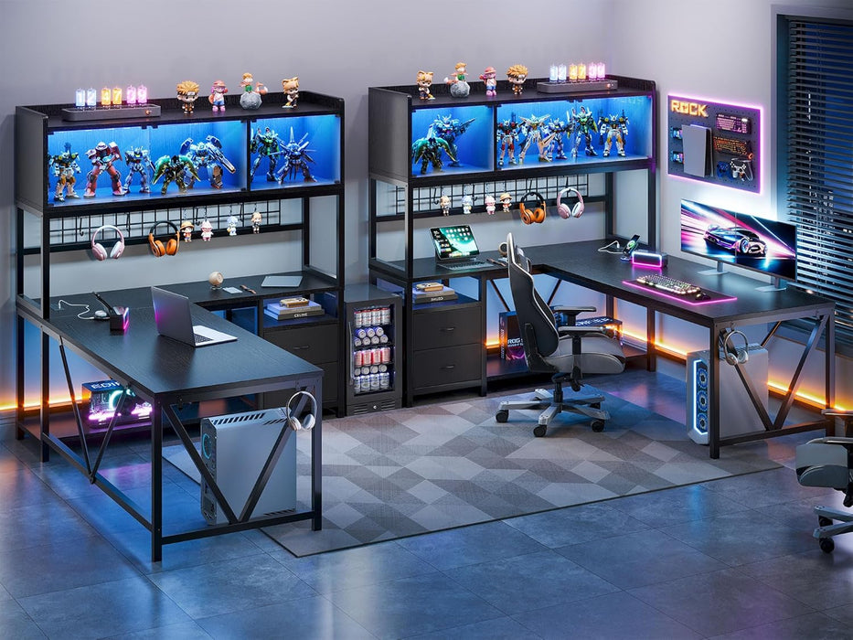 L Shaped Gaming Desk with Fabric Drawers and Power Outlet, Corner Computer Desk with Led-Lit Tempered Glass Display Cabinet, L Shaped Office Desk with Storage,Pc Desk for Gaming and Home Office, Black