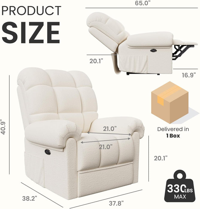 2024 New Power Recliner Chair for Adults, Adjustable Electric Recliner Power Recliner, USB Port, Ultra-Comfy Teddy Fleece Recliner for Living Room, Tool-Less Assembly Single Sofa, Beige White