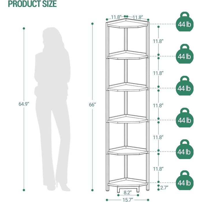 Corner Shelf Stand, Corner Bookshelf, Storage Standing Shelf Unit with Metal Frame, Plant Stand, Corner Bookcase for Living Room, Home Office, Bedroom, 6-Tier White Gold CS06003A