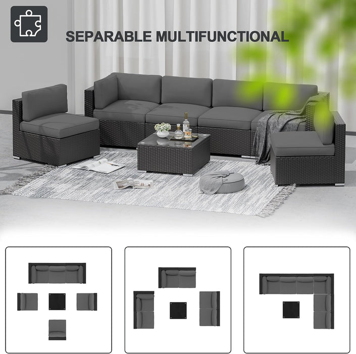 8-Piece Outdoor Patio Furniture Sofa Set All-Weather Wicker Sectional Conversation Set with Modern Glass Coffee Table, Cushions and Fire Pit Table, Dark Grey