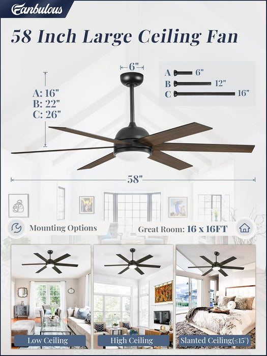 58 Inch Ceiling Fans with Lights and Remote, Black Indoor/Outdoor Ceiling Fan with Quiet Reversible DC Motor, 6 Speeds, 3CCT, 6 Blades Large Ceiling Fan for Living Room Bedroom Patio