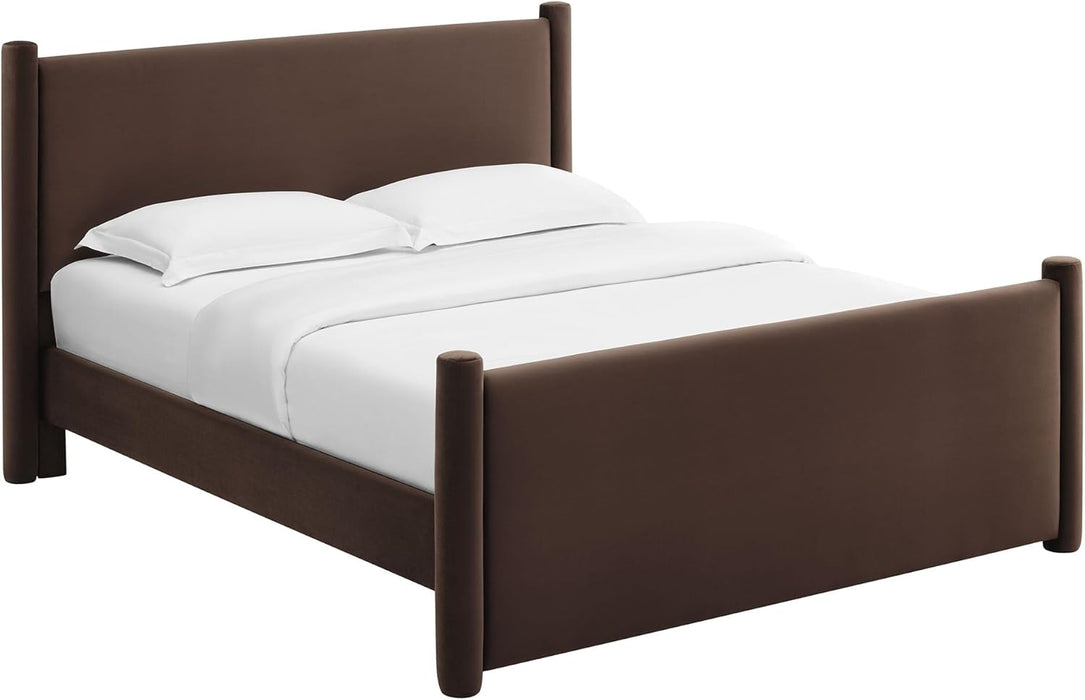 Rael Queen Platform Bed Frame with Upholstered Headboard and Footboard in Chocolate Brown – Stain-Resistant Performance Velvet Queen Size Bed with Rounded Posts