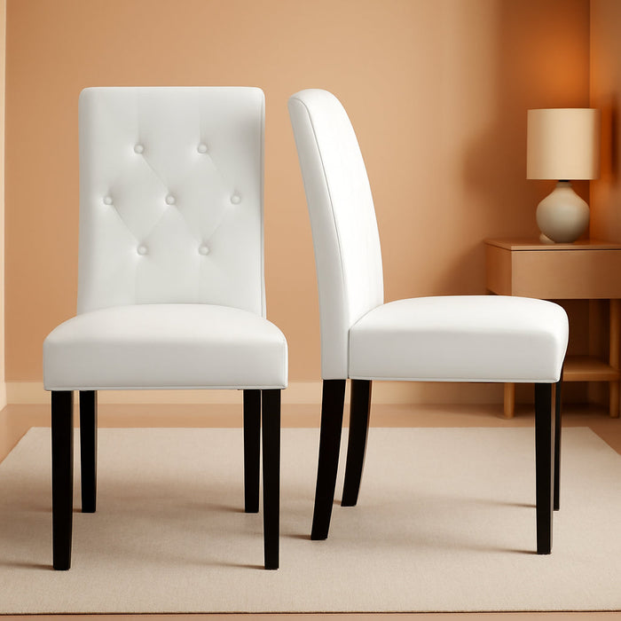 Dining Chairs Kitchen Chair Living Room Chair Restaurant Chair Tufted Leather Chair with Padded Seat and Wood Legs, Set of 2, White