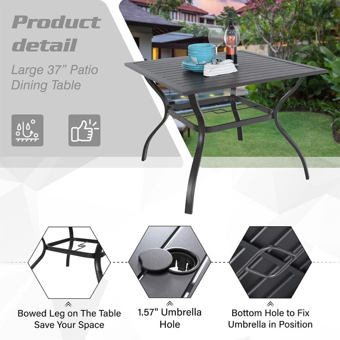 5-Piece Metal Patio Outdoor Table and Chairs Dining Set- 37" Square Bistro Table and 4 Backyard Garden Chairs, Table with 1.57" Umbrella Hole