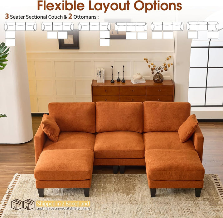 OneHundredInch UShaped Sofa Plush Chenille Ottoman Orange