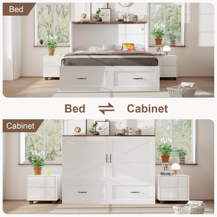 Murphy Bed with Storage & Charging Station, Queen Murphy Cabinet Bed with Large Storage Drawer for Guest Bedroom, Living Room, Office or Small Room, Full Foldable Platform Bed (White, Queen)