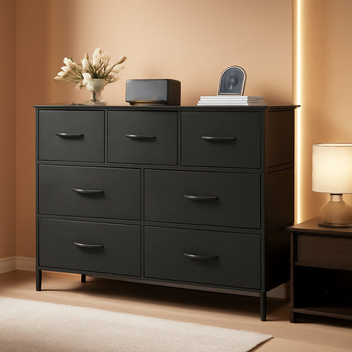 Dresser for Bedroom with 7 Fabric Drawers Storage Organizer Closet Chest Clothes Cabinet Vertical Dresser for Living Room Entryway Hallway,Black