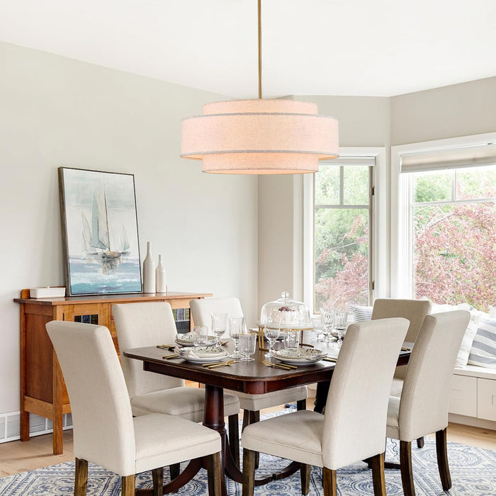 Extraordinary Brushed Gold Drum Chandelier Linen Shade