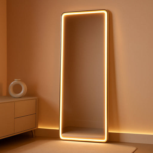 Full Length Mirror with Lights, 56" X 15.8" LED Lighted Floor Standing Body Mirror, Dimmable & 3 Color Lighting Cloakroom, Dressing Room, Tempered Glass, Rounded Corner White