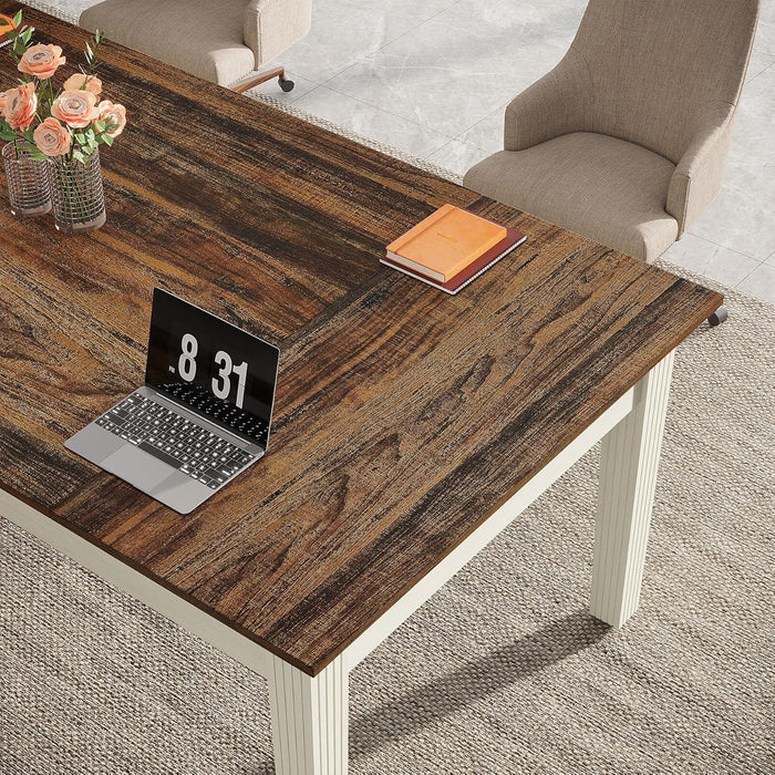 62-Inch Computer Desk, Large Office Executive Desk with Solid Wood Legs, Modern Simple Laptop Desk Study Writing Table Workstation Furniture for Home Office, Rustic Brown & Cream White