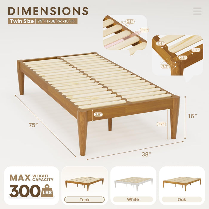 Twin Platform Bed Frame - 16" Wood Mattress Foundation Base, Teak