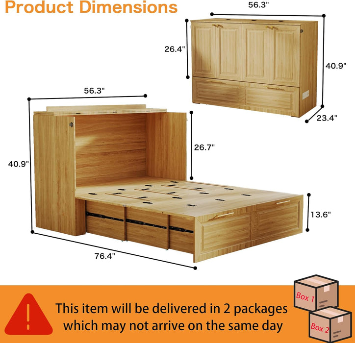 Murphy Bed Full Size OakFinish CabinetWithDrawerUSBCharging