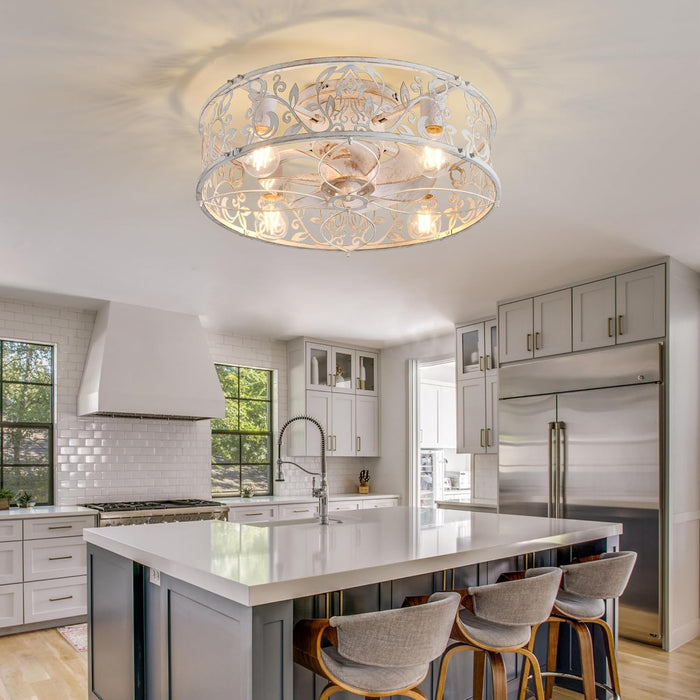 20" Caged Ceiling Fan with Light, Flush Mount Bladeless Fandelier with Remote, Small Low Profile for Bedroom, Kitchen, Dining Room, White Gold