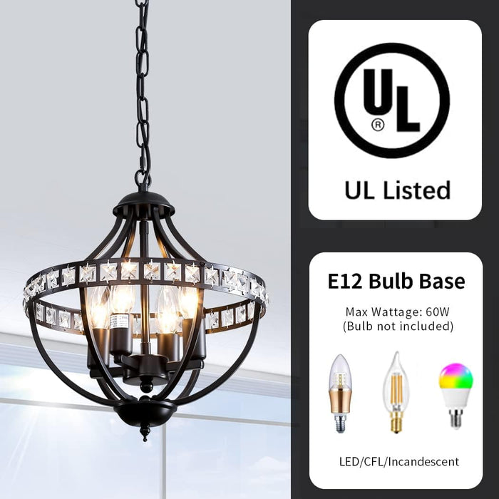 Black Crystal Chandelier 4 Light Pendant Farmhouse