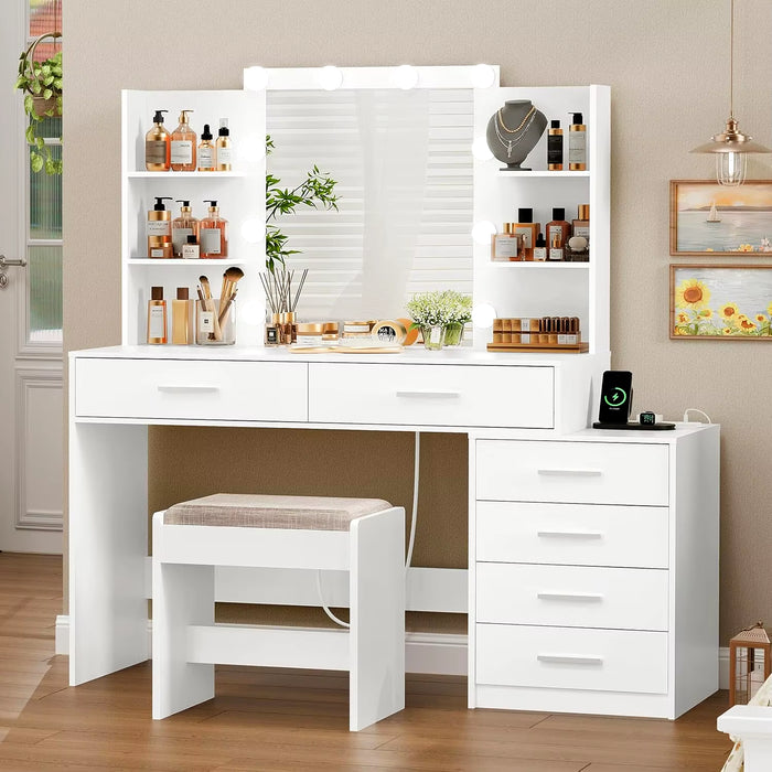 48" Large Vanity Desk with Mirror & Lights, Makeup Vanity Table with 6 Drawers & Power Outlet, 4 Open Storage Shelves,White