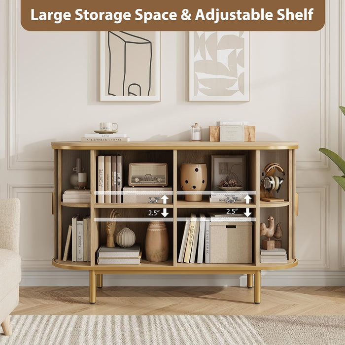 Console Table with Sliding Tambour Doors, 47" TV Stand with Storage & Adjustable Open Shelves for Tvs up to 55", Modern Entryway Table for Living Room, Foyer, Hallway, Natural Oak