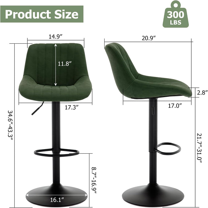 Faux Leather Adjustable Bar Stools Set of 3, Modern Swivel Barstools with Back, Black Metal Base and Footrest, Upholstered Armless Bar Chairs for Kitchen Island/Dining/Pub, Green