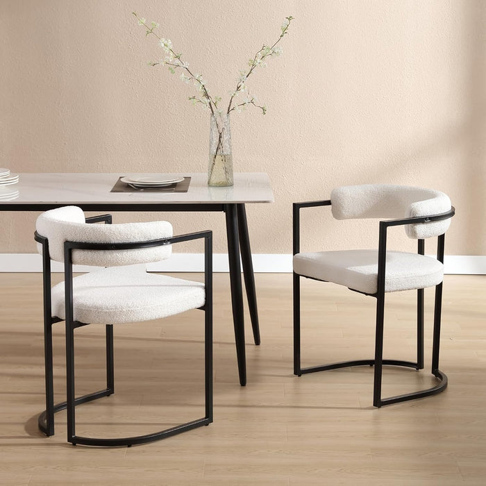 White Sherpa Dining Chairs Set of 2, Modern Boucle Barrel Dining Room Chairs with Comfy Back, Upholstered Accent Armchair Kitchen Chair for Living Room/Kitchen/Reception