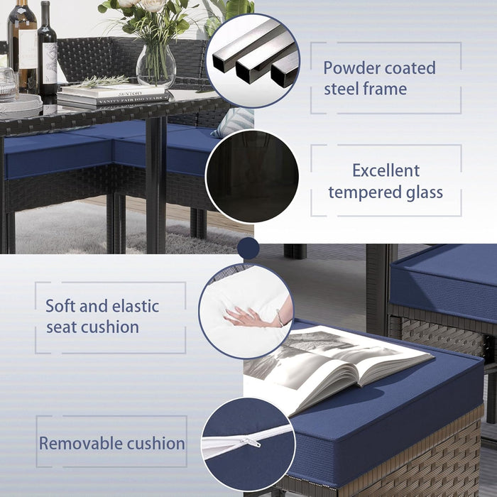 Small Space Patio Furniture Set 7-Piece, Outdoor Sectional Sofa with Waterproof Cushions, Space-Saving Backyard Furniture Set, Glass Table, Perfect for Patio, Garden, Balcony, Dark Blue.