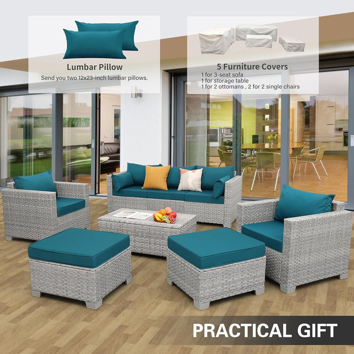 Patio Furniture Set 6 Piece Outdoor Patio Set Grey Wicker Balcony Furniture Conversation Sets PE Rattan Couch Sofa with Coffee Table, Peacock Blue Cushion
