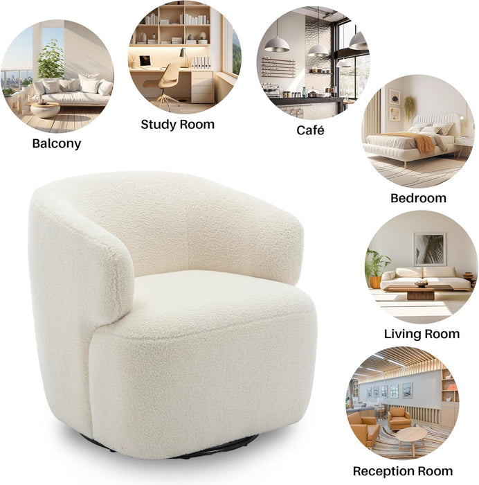 Swivel Accent Chair, Sherpa Teddy Barrel Chair for Living Room, Cozy round Boucle Arm Chair, Metal Base for Club Nursery Bedroom, Beige Cream White