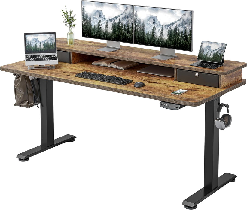 Electric Standing Desk with Double Drawers, 55X24 Inch Height Adjustable Sit Stand Desk with Storage Shelf, Home Office Computer Workstation, Rustic Brown