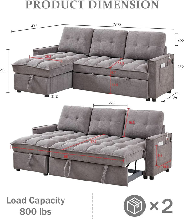 78.75" Sleeper Sofa Couch,Pull-Out Sofa Bed with USB and Tape-C Charging Ports, L-Shaped Sectionalsofa with Reclining Storage and Pocket for Living Room Apartment,Chenille(Dark Grey)