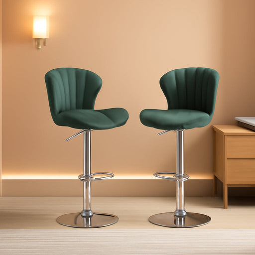 Ellston Velvet Adjustable Swivel Barstools in Green, Set of 2