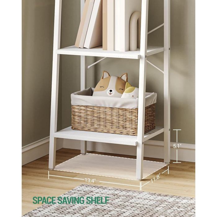 Ladder Shelf, Bookshelf Bookcase, Freestanding Corner Storage Shelve with 2 Hooks for Home Office, Living Room, Kitchen, Bedroom, Industrial, 5-Tier White BC03213W