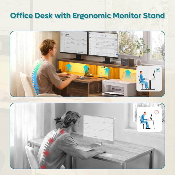 55 Inch Wood Computer Desk with Lockable File Drawer, Charging Station & LED Lights - Home Office Desk with Storage Shelves, Printer Shelf & Monitor Stand, Wooden Desk for Study & Work, Walnut