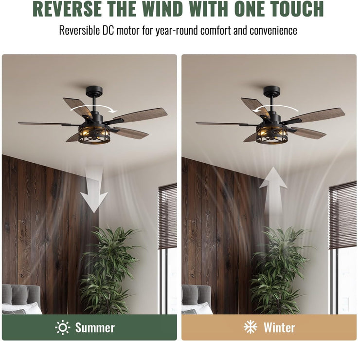52 Inch Ceiling Fan with Light and Remote Control, Farmhouse Ceiling Fan with LED Lighting for Bedroom Living Room and Patio, Black Caged Ceiling Fan for Indoor and Outdoor(No Bulbs)