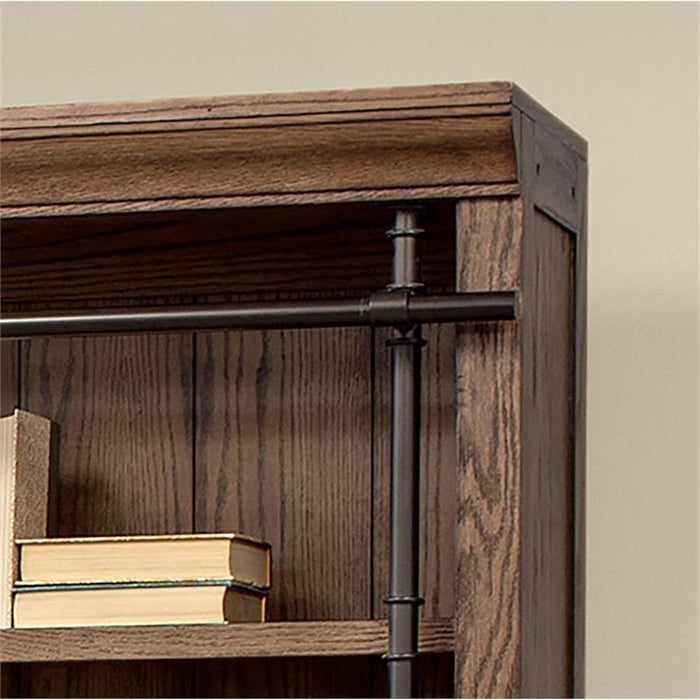 Avondale 120" W Contemporary Wood Bookcase Wall with Ladder Storage Organizer Display, 5 Adjustable Shelves, Ringed Steel Frame, Fully Assembled, in Brown Finish