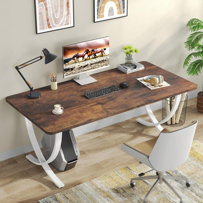 Executive Desk, 63” W X 31.5” D Large Office Desk, Modern Computer Desk Conference Table Meeting Room Table, Business Furniture for Home Office, White and Walnut