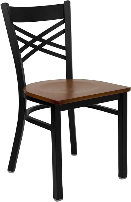 2 Pk. HERCULES Series Black ''X'' Back Metal Restaurant Chair - Cherry Wood Seat