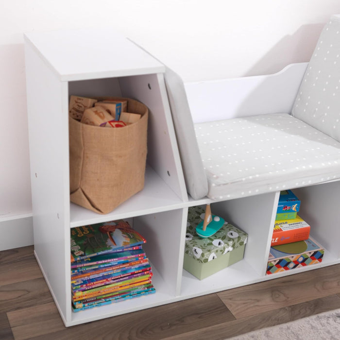 Wooden Bookcase with Reading Nook, Storage and Gray Cushion, White