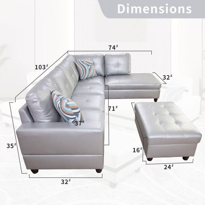 L-Shaped 3-Piece Semi PU Synthetic Leather Sofa with Storage Ottoman Set, Sectional Couch Sofa Set for Living Room, Office, Small Space, Silver White