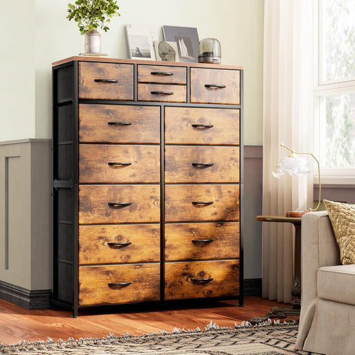 Tall Dressers for Bedroom with Drawer, Dressers for Bedroom, Fabric Dressers & Chests of Drawers for Living Room, Wooden Top, Sturdy Metal Frame, Rustic Brown, 11.8" D X 37" W X 52" H