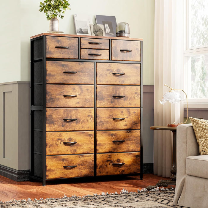 Tall Dressers for Bedroom with Drawer, Dressers for Bedroom, Fabric Dressers & Chests of Drawers for Living Room, Wooden Top, Sturdy Metal Frame, Rustic Brown, 11.8" D X 37" W X 52" H
