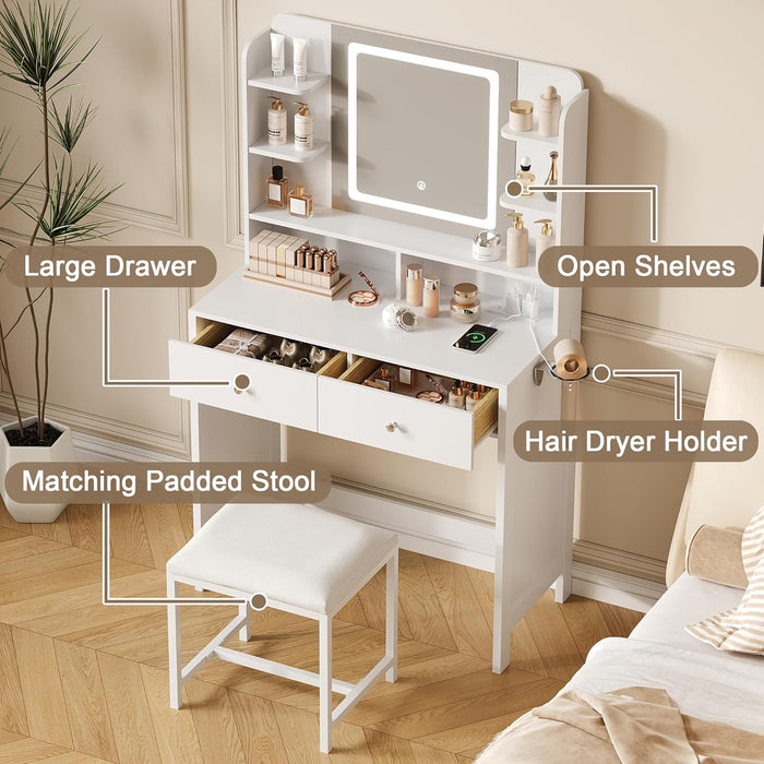 White Vanity with Lighted Mirror, 8 Shelves, 2 Drawers, Charging Station, Hair Dryer Holder & Stool, LED Mirror with 3 Light Modes