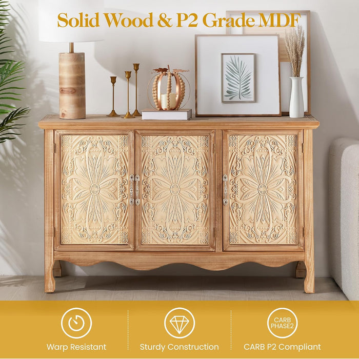 Farmhouse Sideboard Buffet Cabinet with Storage, 49" Solid Wood Credenza Buffet Table Coffee Bar Wine Bar Storage Cabinet with 3 Doors for Dining Room Living Room Hallway, Provence Grain