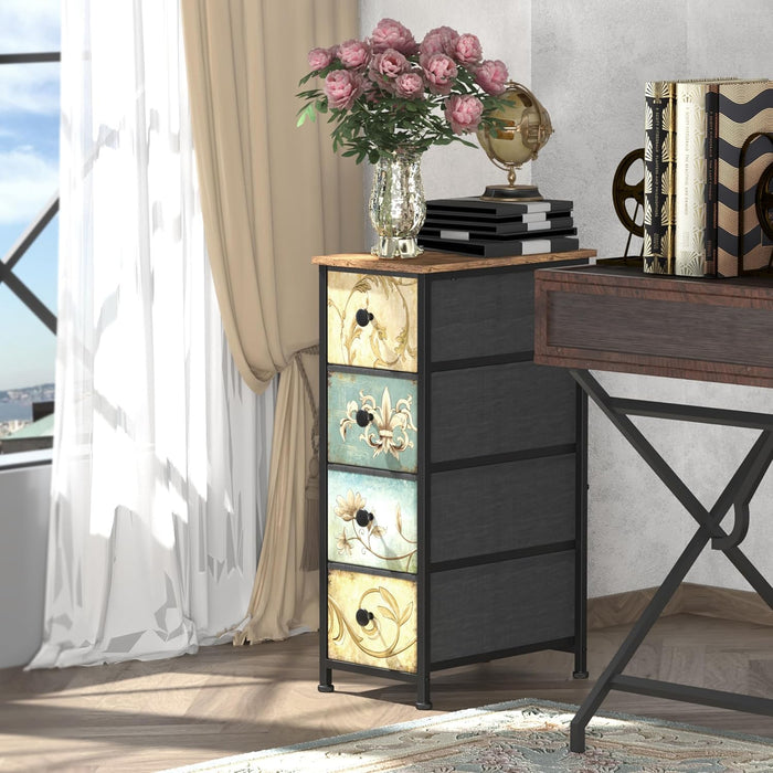 Narrow Storage Dresser Slim Dresser with Retro Flowers Fabric Drawers Vertical Skinny Cabinet for Small Spaces,Bathroom,Bedroom Closet Nightstand,Entryway Organizer (Retro Flower, 4 Drawers)